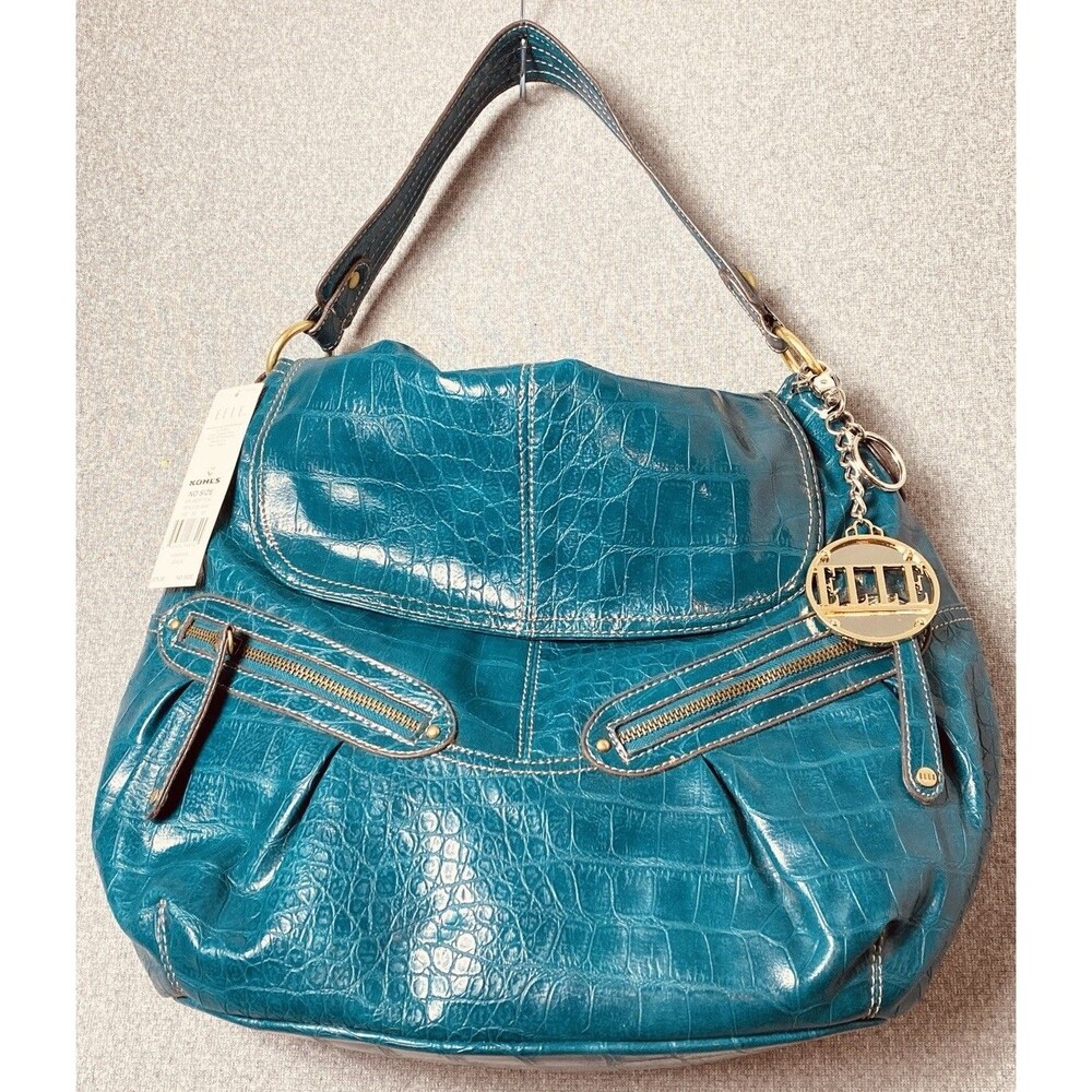 Elle Womens Elegant Bag Crocodile Embossed Patent Leather Turquoise New